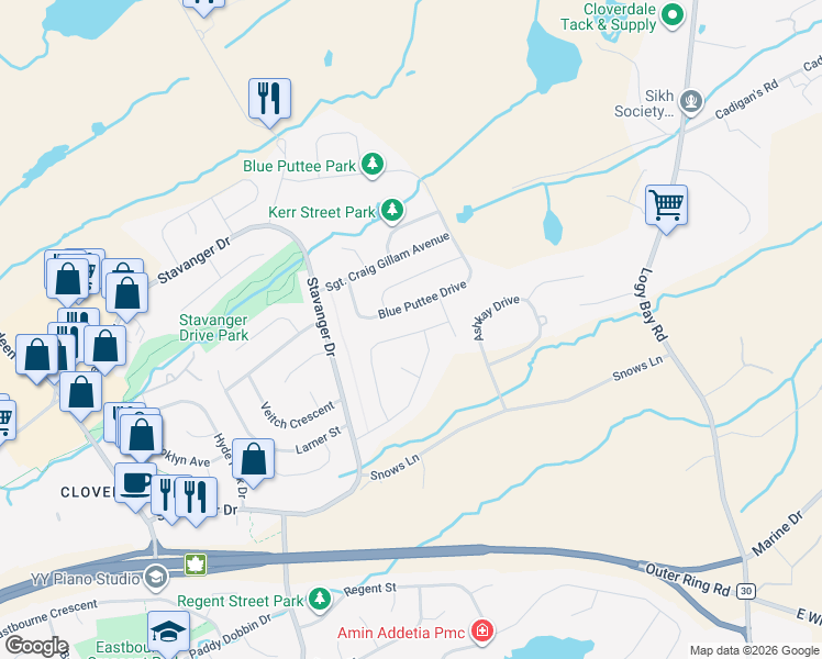 map of restaurants, bars, coffee shops, grocery stores, and more near 103 Blue Puttee Drive in St. John's