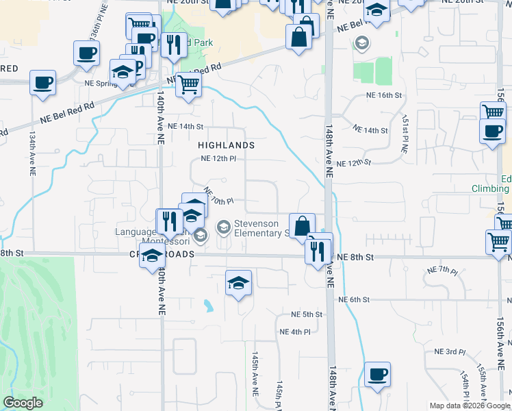 map of restaurants, bars, coffee shops, grocery stores, and more near 14411 Northeast 10th Street in Bellevue