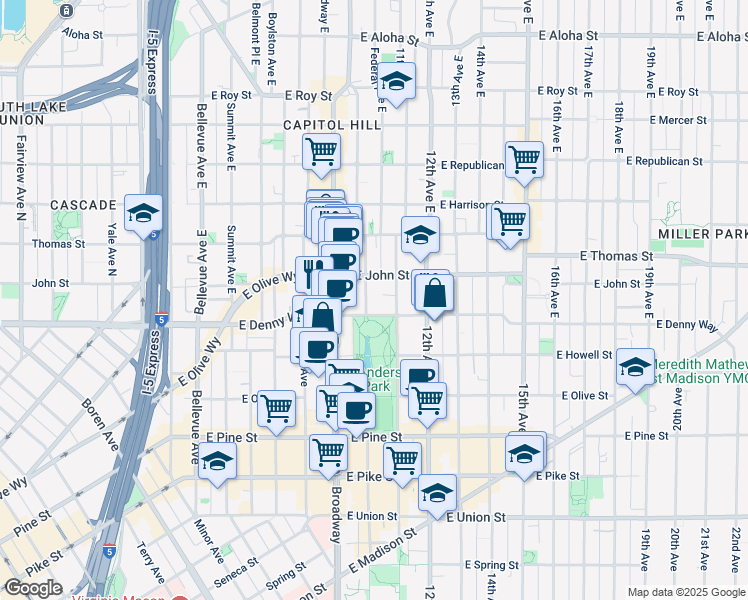 map of restaurants, bars, coffee shops, grocery stores, and more near 112 10th Avenue East in Seattle
