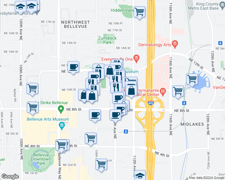 map of restaurants, bars, coffee shops, grocery stores, and more near 999 110th Avenue Northeast in Bellevue