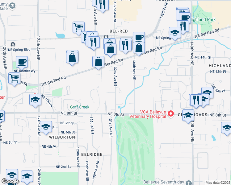 map of restaurants, bars, coffee shops, grocery stores, and more near Northeast 10th Street in Bellevue