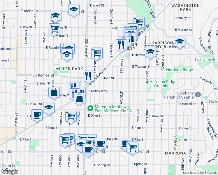 map of restaurants, bars, coffee shops, grocery stores, and more near 2500 East Denny Way in Seattle