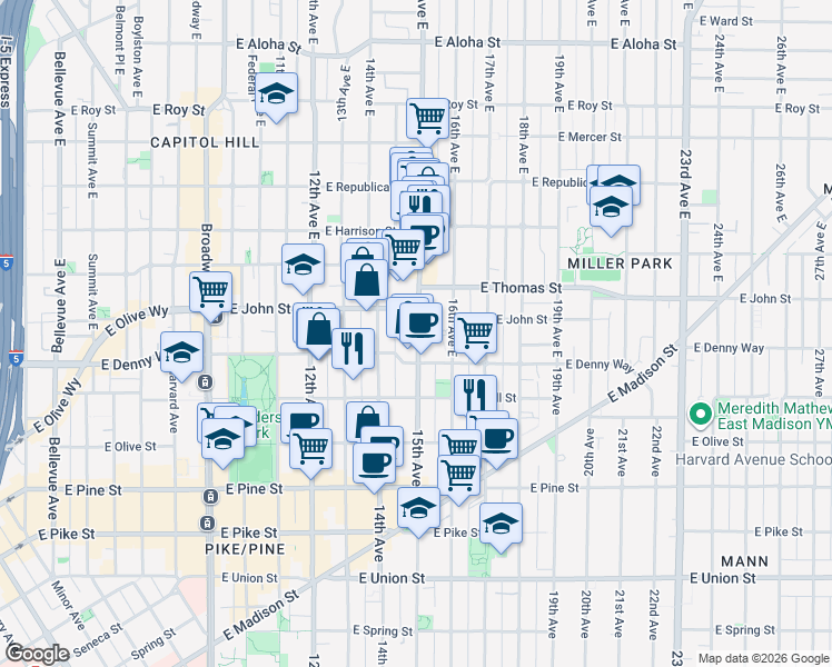 map of restaurants, bars, coffee shops, grocery stores, and more near 115 15th Avenue East in Seattle