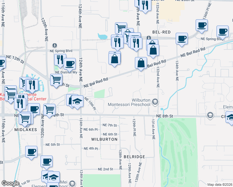 map of restaurants, bars, coffee shops, grocery stores, and more near 12720 Northeast 10th Place in Bellevue