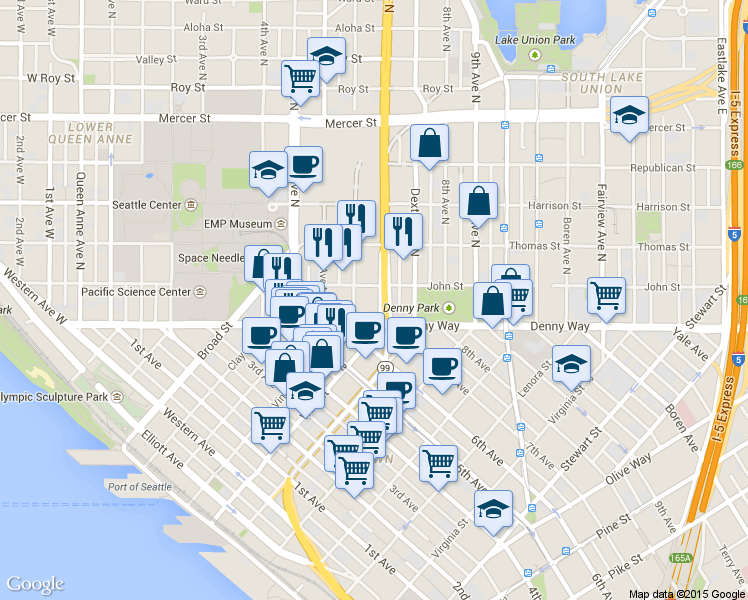 map of restaurants, bars, coffee shops, grocery stores, and more near 699 John Street in Seattle