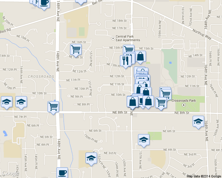 map of restaurants, bars, coffee shops, grocery stores, and more near 1049 156th Avenue Northeast in Bellevue