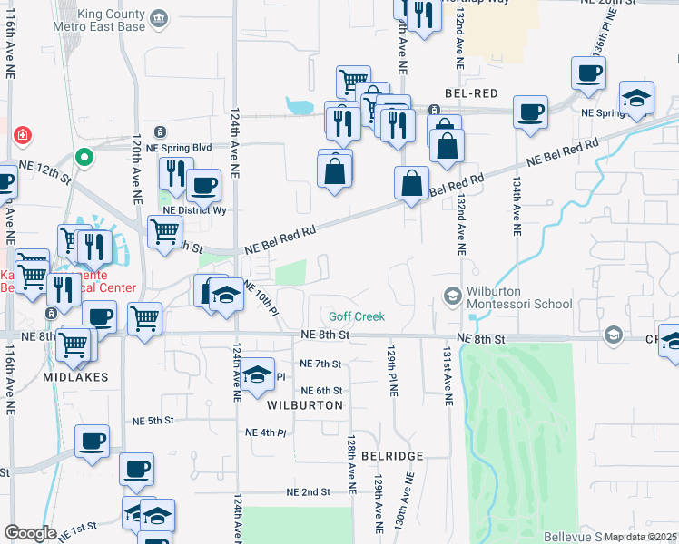 map of restaurants, bars, coffee shops, grocery stores, and more near 12760 Northeast 10th Place in Bellevue