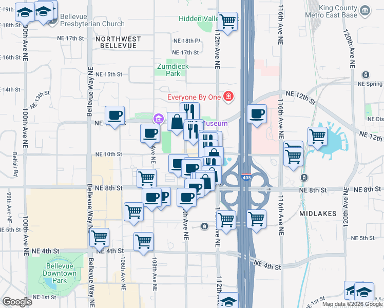 map of restaurants, bars, coffee shops, grocery stores, and more near 968 110th Avenue Northeast in Bellevue