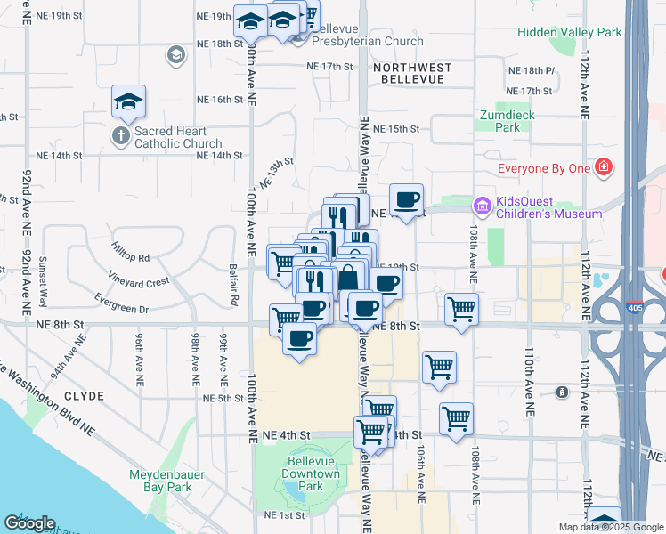 map of restaurants, bars, coffee shops, grocery stores, and more near 10223 Northeast 10th Street in Bellevue