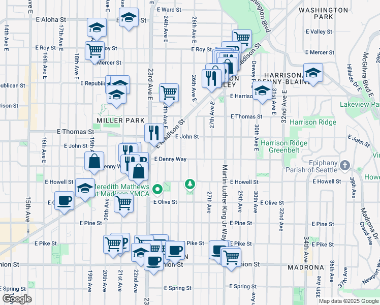 map of restaurants, bars, coffee shops, grocery stores, and more near 2500 East Denny Way in Seattle