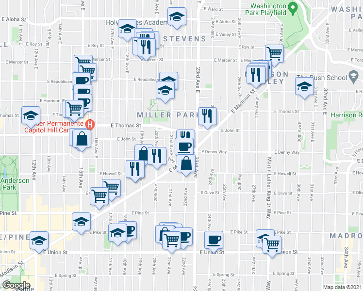 map of restaurants, bars, coffee shops, grocery stores, and more near 119 22nd Avenue East in Seattle