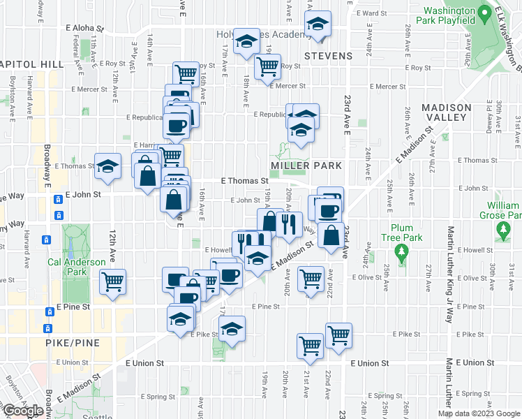 map of restaurants, bars, coffee shops, grocery stores, and more near 118 18th Avenue East in Seattle