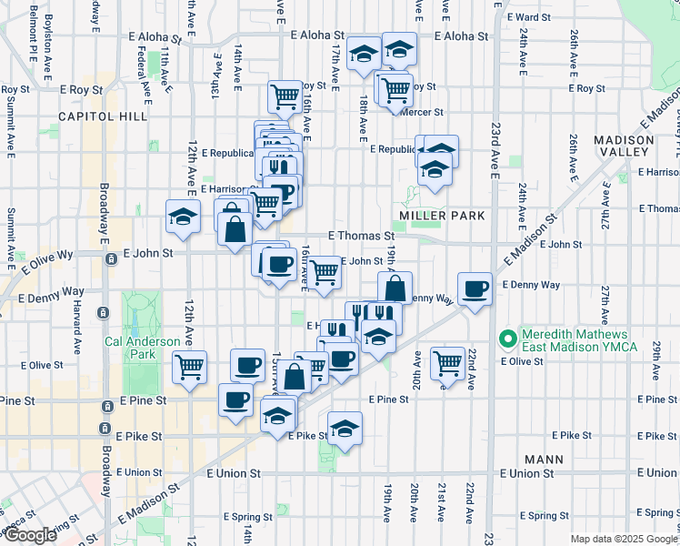 map of restaurants, bars, coffee shops, grocery stores, and more near in Seattle