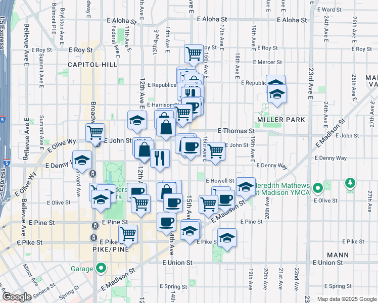 map of restaurants, bars, coffee shops, grocery stores, and more near 115 15th Avenue East in Seattle