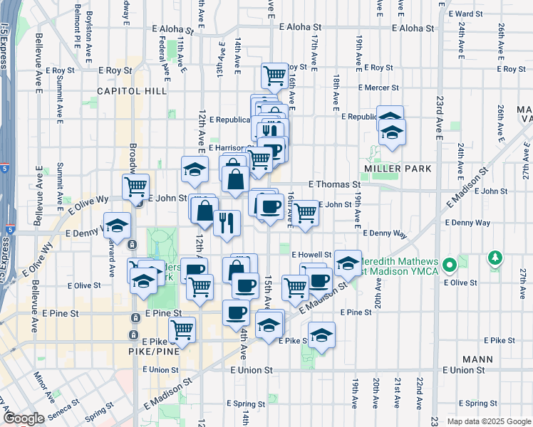 map of restaurants, bars, coffee shops, grocery stores, and more near 115 15th Avenue East in Seattle
