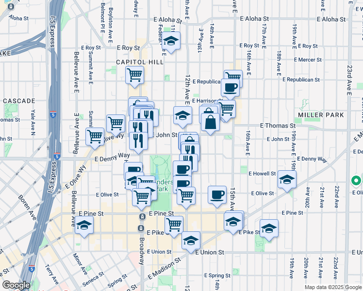 map of restaurants, bars, coffee shops, grocery stores, and more near 1116 East Denny Way in Seattle