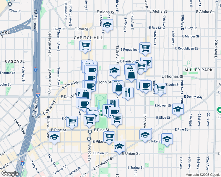 map of restaurants, bars, coffee shops, grocery stores, and more near 1116 East Denny Way in Seattle