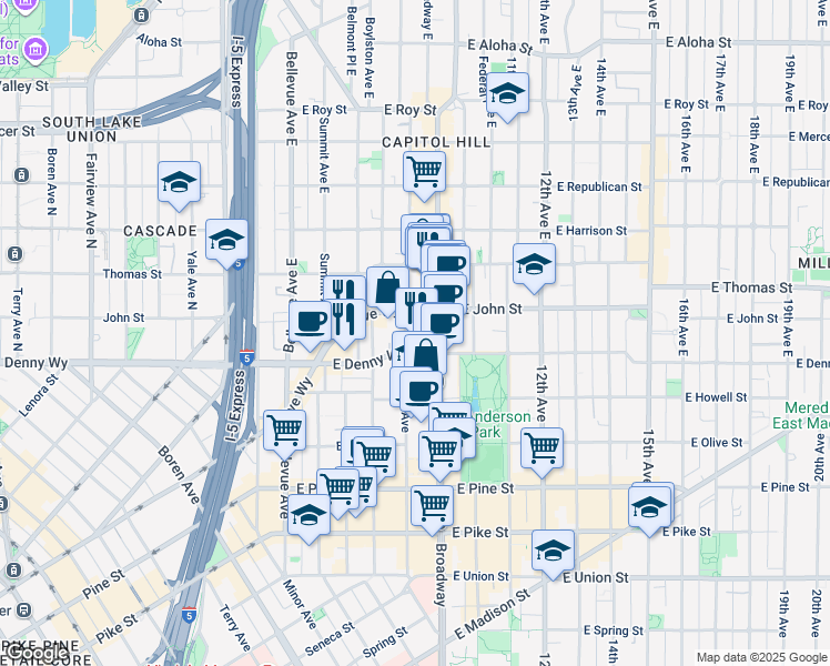 map of restaurants, bars, coffee shops, grocery stores, and more near 102 Harvard Avenue East in Seattle