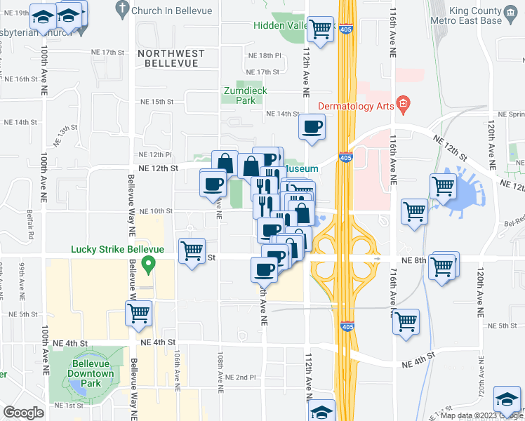 map of restaurants, bars, coffee shops, grocery stores, and more near 110th Avenue Northeast & Northeast 10th Street in Bellevue