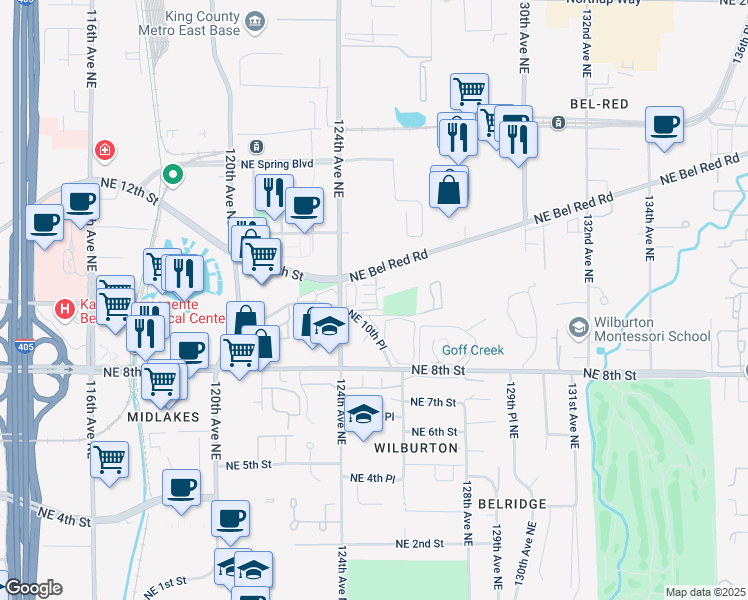 map of restaurants, bars, coffee shops, grocery stores, and more near 12466 Northeast 10th Place in Bellevue