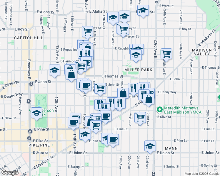 map of restaurants, bars, coffee shops, grocery stores, and more near 123 18th Avenue East in Seattle