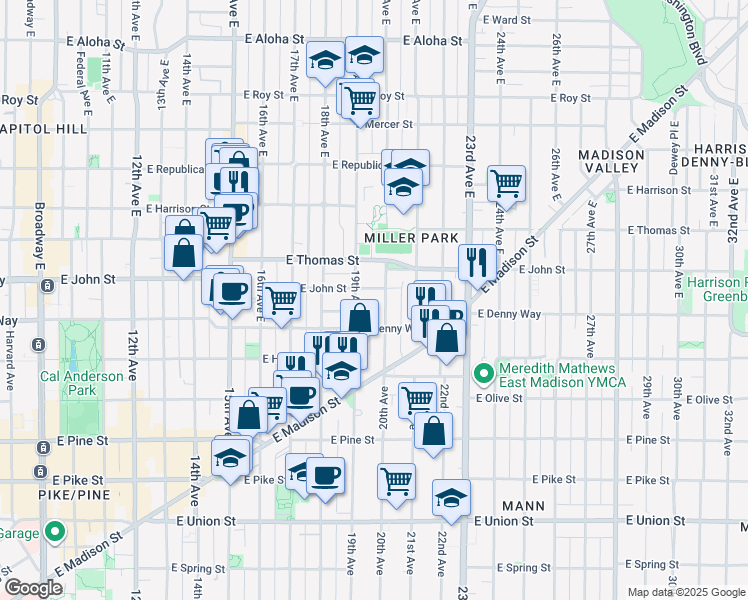 map of restaurants, bars, coffee shops, grocery stores, and more near 127 20th Avenue East in Seattle