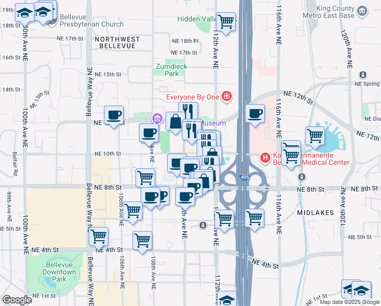 map of restaurants, bars, coffee shops, grocery stores, and more near 968 110th Avenue Northeast in Bellevue