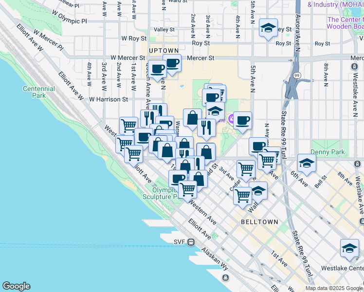 map of restaurants, bars, coffee shops, grocery stores, and more near 124 Warren Avenue North in Seattle