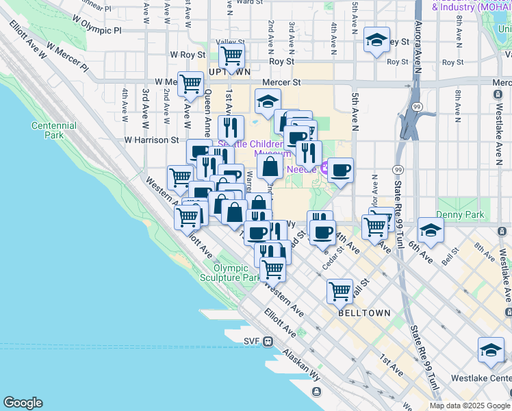 map of restaurants, bars, coffee shops, grocery stores, and more near 124 Warren Avenue North in Seattle