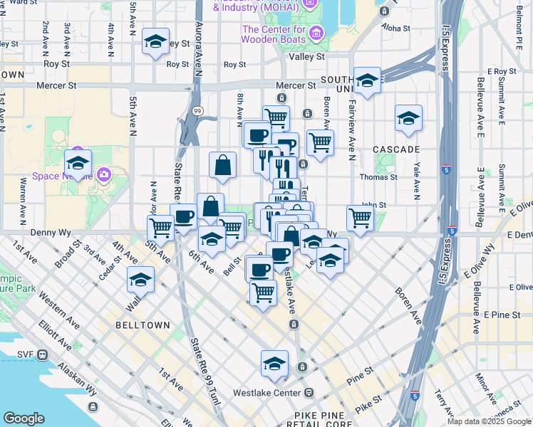map of restaurants, bars, coffee shops, grocery stores, and more near 101 Westlake Avenue North in Seattle