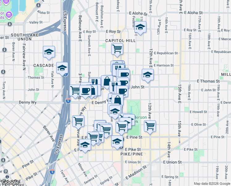 map of restaurants, bars, coffee shops, grocery stores, and more near 120 Harvard Avenue East in Seattle
