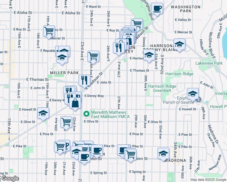 map of restaurants, bars, coffee shops, grocery stores, and more near 2610 East Denny Way in Seattle