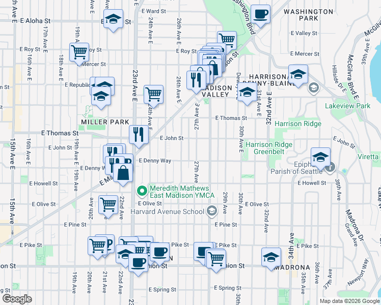 map of restaurants, bars, coffee shops, grocery stores, and more near 2610 East Denny Way in Seattle