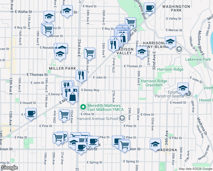 map of restaurants, bars, coffee shops, grocery stores, and more near 114 26th Avenue East in Seattle
