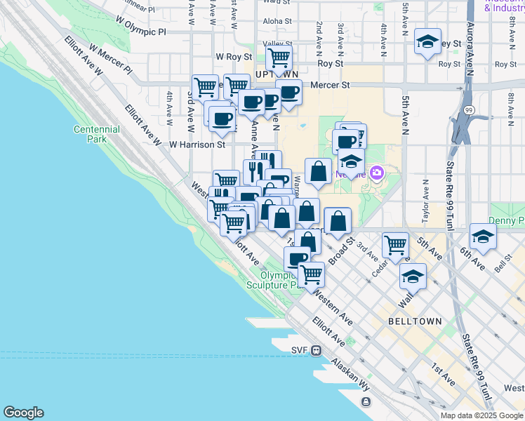 map of restaurants, bars, coffee shops, grocery stores, and more near 190 Queen Anne Avenue North in Seattle