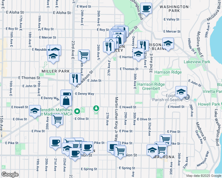 map of restaurants, bars, coffee shops, grocery stores, and more near 112 27th Avenue East in Seattle