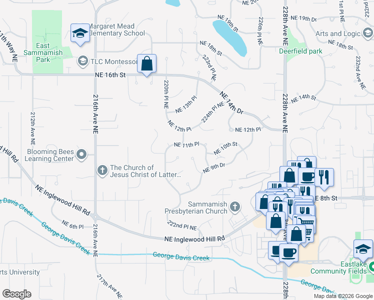 map of restaurants, bars, coffee shops, grocery stores, and more near 22129 Northeast 10th Place in Redmond