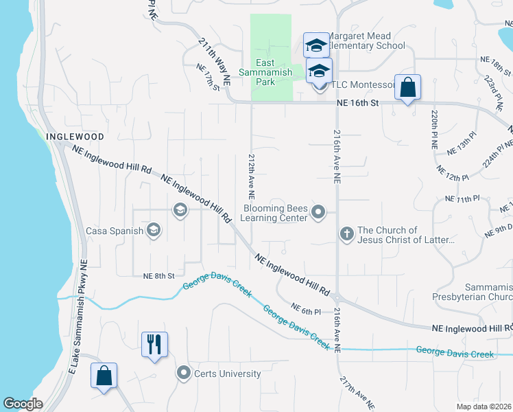 map of restaurants, bars, coffee shops, grocery stores, and more near 21216 Northeast 10th Place in Sammamish