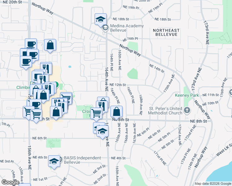 map of restaurants, bars, coffee shops, grocery stores, and more near 16409 Northeast 10th Place in Bellevue