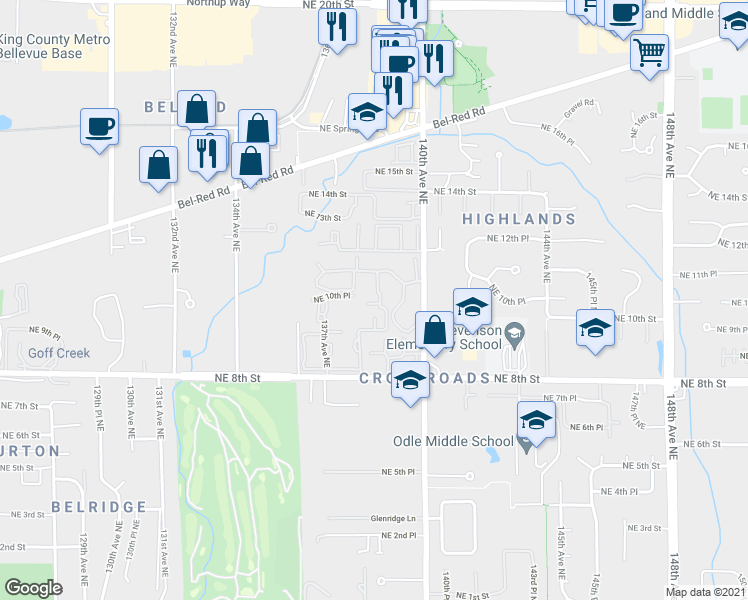 map of restaurants, bars, coffee shops, grocery stores, and more near 921 139th Avenue Northeast in Bellevue