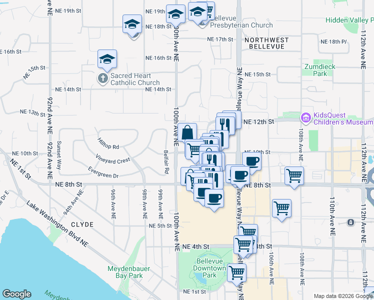 map of restaurants, bars, coffee shops, grocery stores, and more near 822 100th Avenue Northeast in Bellevue
