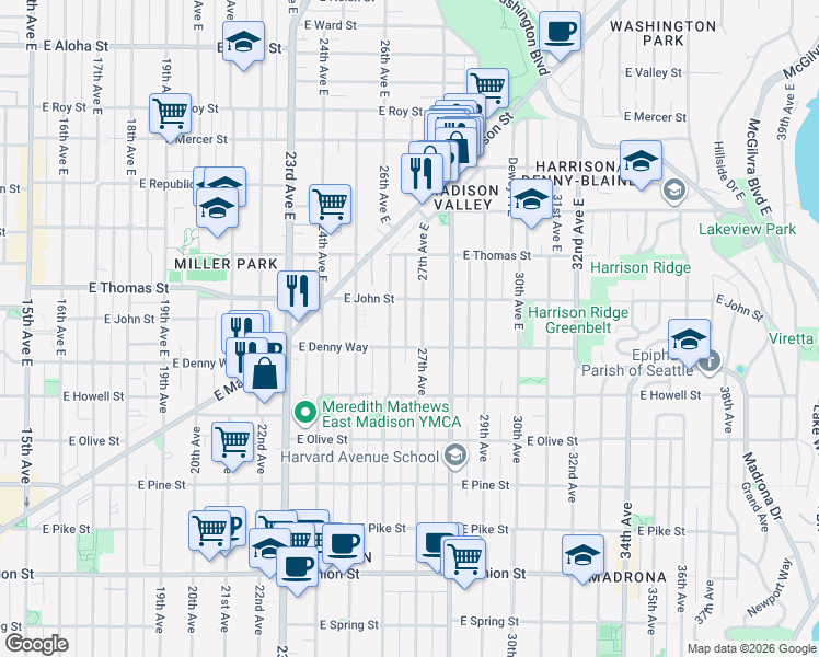 map of restaurants, bars, coffee shops, grocery stores, and more near 2610 East Denny Way in Seattle