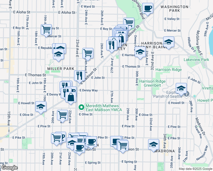 map of restaurants, bars, coffee shops, grocery stores, and more near 2610 East Denny Way in Seattle