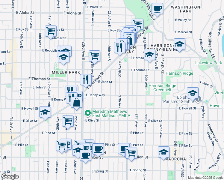 map of restaurants, bars, coffee shops, grocery stores, and more near 2610 East Denny Way in Seattle