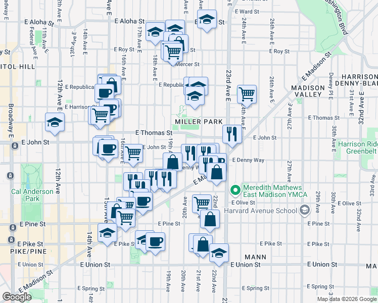 map of restaurants, bars, coffee shops, grocery stores, and more near 2011-B East Denny Way in Seattle