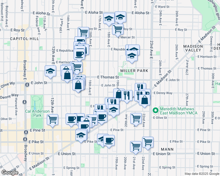 map of restaurants, bars, coffee shops, grocery stores, and more near 118 18th Avenue East in Seattle