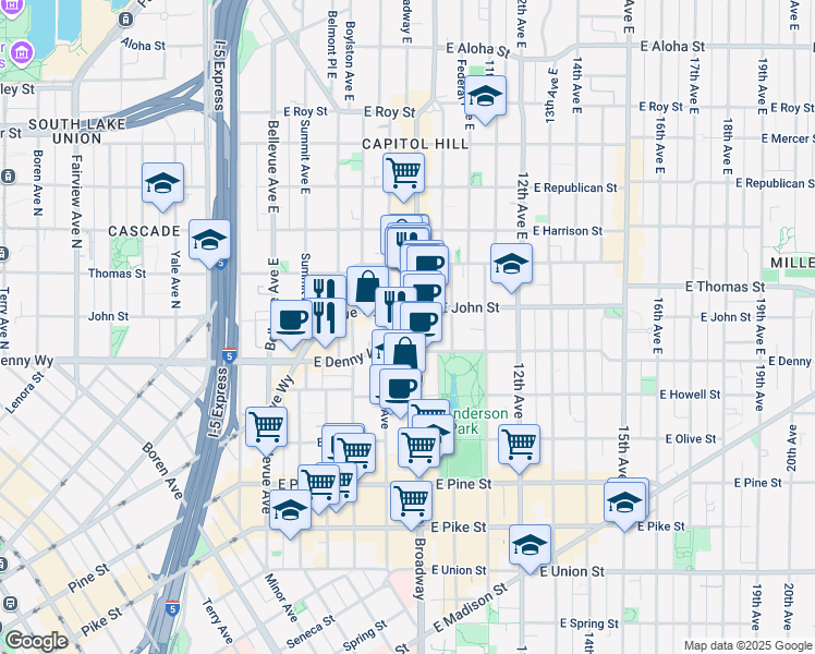 map of restaurants, bars, coffee shops, grocery stores, and more near 102 Harvard Avenue East in Seattle