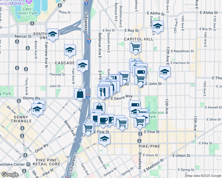 map of restaurants, bars, coffee shops, grocery stores, and more near 1580E East Olive Way in Seattle