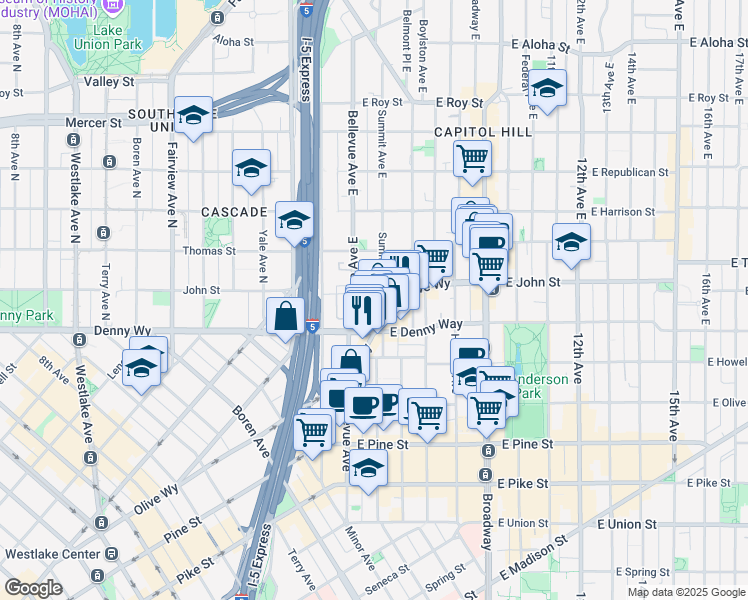 map of restaurants, bars, coffee shops, grocery stores, and more near 1580E East Olive Way in Seattle