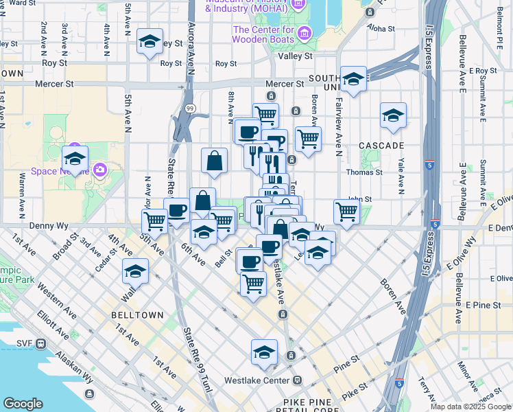 map of restaurants, bars, coffee shops, grocery stores, and more near 139 9th Avenue North in Seattle